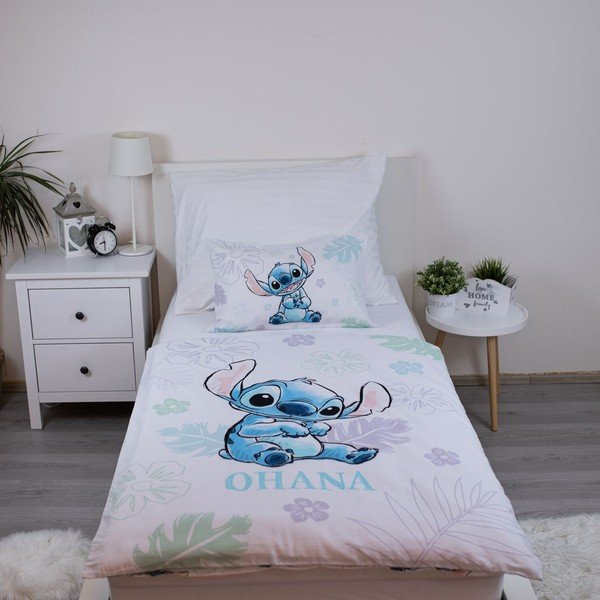 Baltos spalvos iš medvilnės vaikiška patalynė vaikiškai lovai 100x135 cm Lilo and Stitch "Ohana White" – Jerry Fabrics-image-1