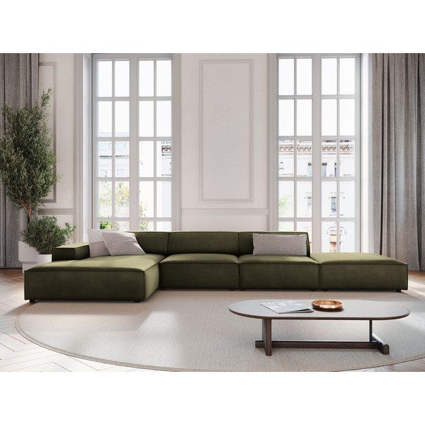 Khaki spalvos modulinė kampinė sofa iš velveto (su kairiuoju kampu/su gultu) Jodie – Micadoni -image-1