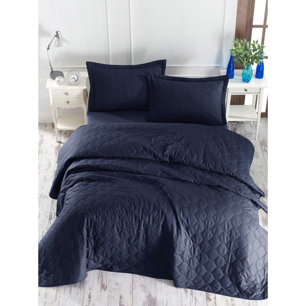 Tamsiai mėlyna medvilninė lovatiesė su pagalvių užvalkalais EnLora Home Fresh, 180 x 225 cm