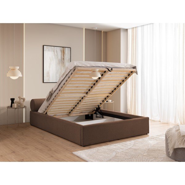 Rudos spalvos dvigulė lova audiniu dengta su sandėliavimo vieta su lovos grotelėmis 200x200 cm Cille – Ropez-image-4