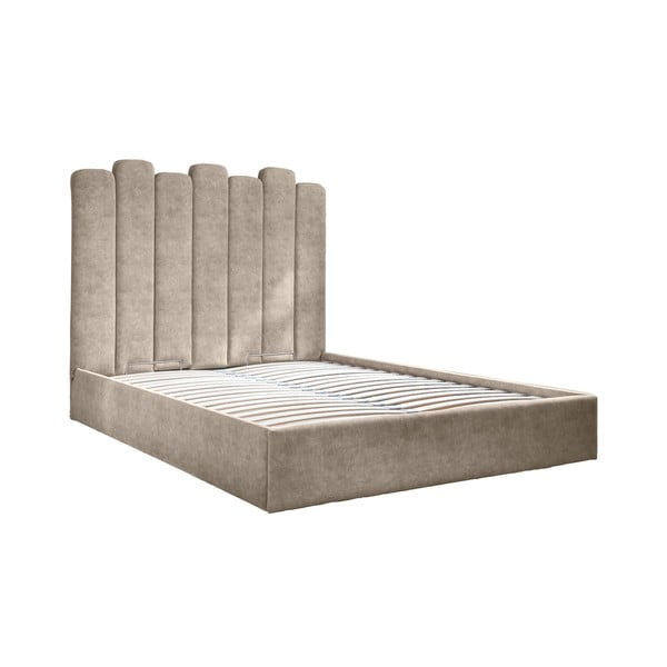 Smėlio spalvos minkšta dvigulė lova su daiktadėže ir grotelėmis 140x200 cm Dreamy Aurora - Miuform