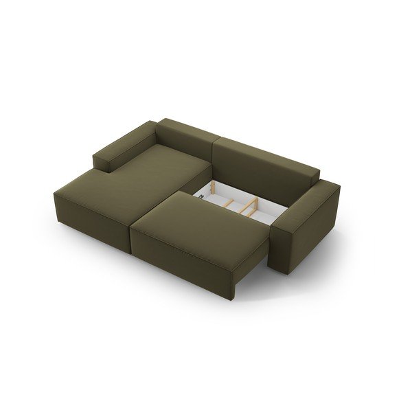 Iš velveto sulankstoma/su sandėliavimo vieta kampinė sofa žalios spalvos (su kairiuoju kampu/su gultu) Jodie – Micadoni -image-4