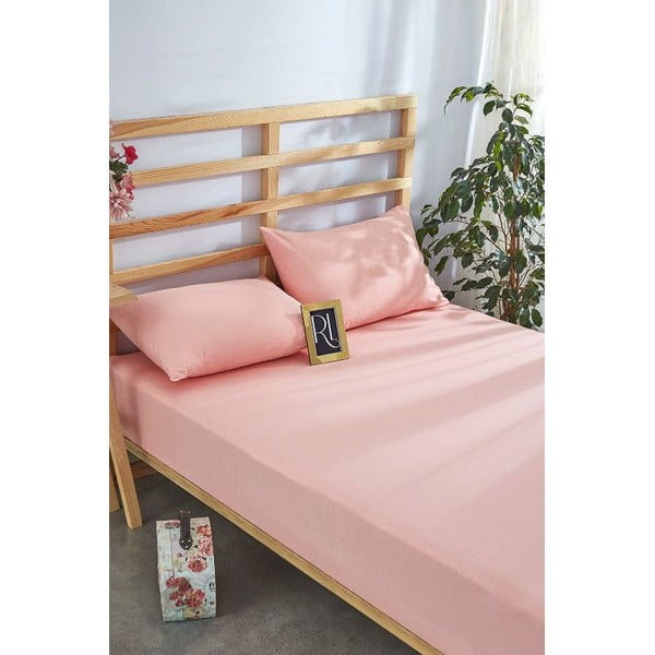 Iš medvilnės patalynė ir pagalvės užvalkalas komplekte rožinės spalvos su guma 100x200 cm – Mila Home