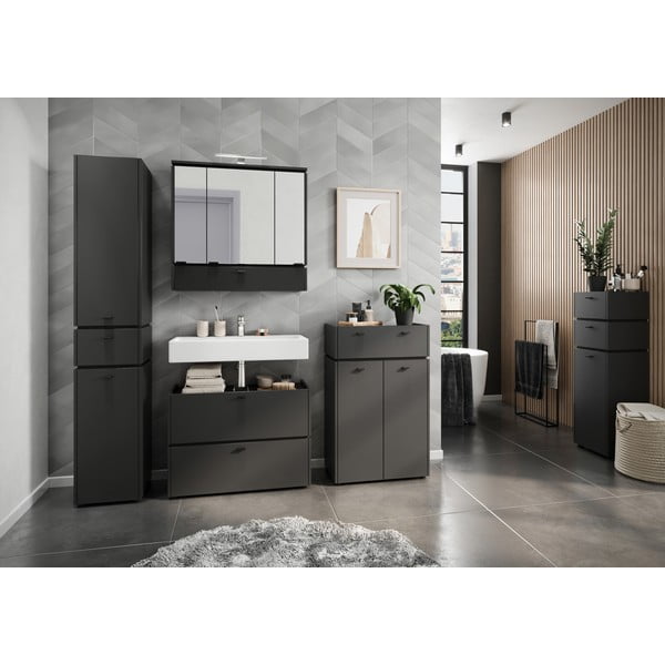 Antracito spalvos vonios kambario spintelė su veidrodžiu ir apšvietimu 79x80 cm Modesto - Germania-image-3