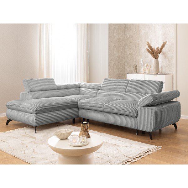 Šviesiai pilkos spalvos kampinė sofa iš kordinio velveto (su kairiuoju kampu/„L“ formos) Marbeya  – Ropez-image-1