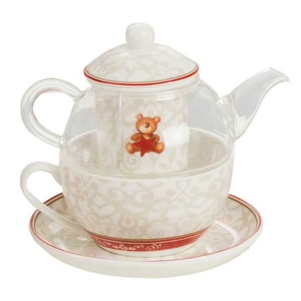 Arbatinuko, puodelio su padėklu ir sietelio arbatai rinkinys, pagamintas iš "Brandani Abbracci Bear" kaulinio porceliano