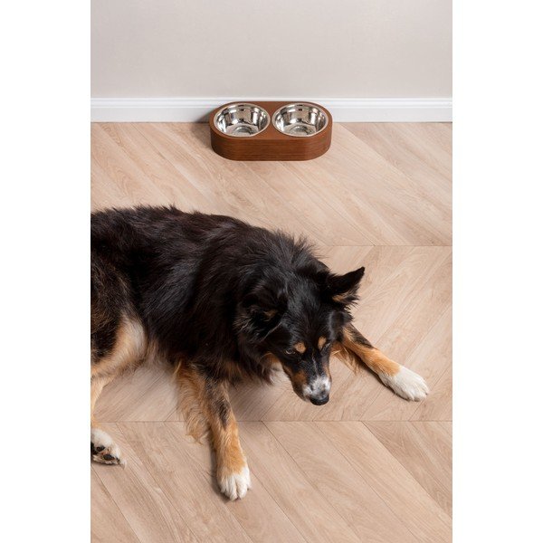 2 metalinių dubenėlių rinkinys naminiams gyvūnėliams tamsiame mediniame stove PT LIVING Pet, plotis 18 cm-image-1