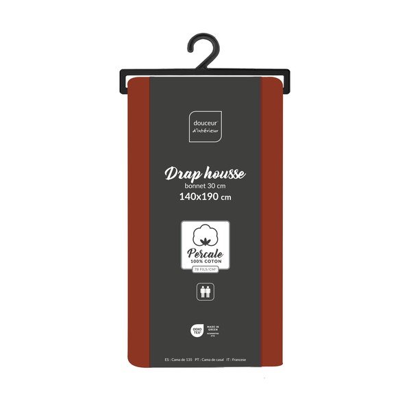 Raudonos plytų spalvos iš medvilninio perkelio paklodė su guma 140x190 cm Percaline – douceur d'intérieur-image-2