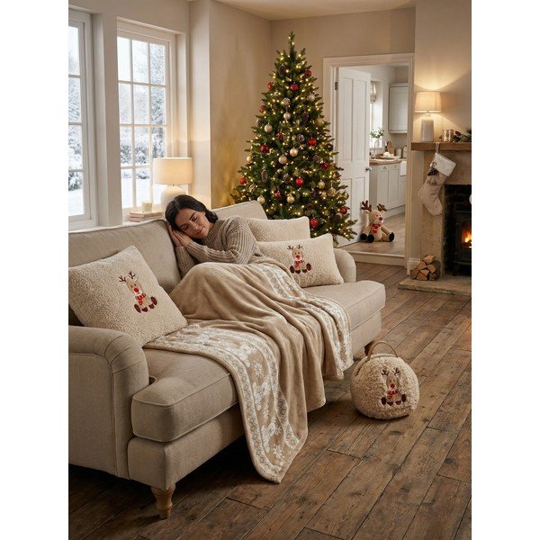 Smėlio spalvos iš flanelės antklodė ir pledas su Kalėdų motyvu 130x160 cm XMAS – Tiseco Home Studio-image-1