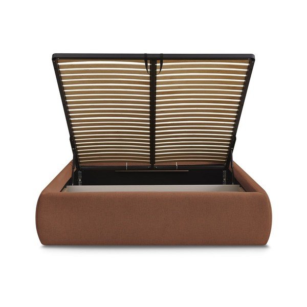 Oranžinės spalvos dvigulė lova audiniu dengta su sandėliavimo vieta/be galvūgalio su lovos grotelėmis 160x200 cm Inera – Bobochic Paris-image-4