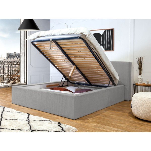 Dvigulė lova šviesiai pilkos spalvos audiniu dengta su sandėliavimo vieta su lovos grotelėmis 160x200 cm Nihad – Bobochic Paris-image-3