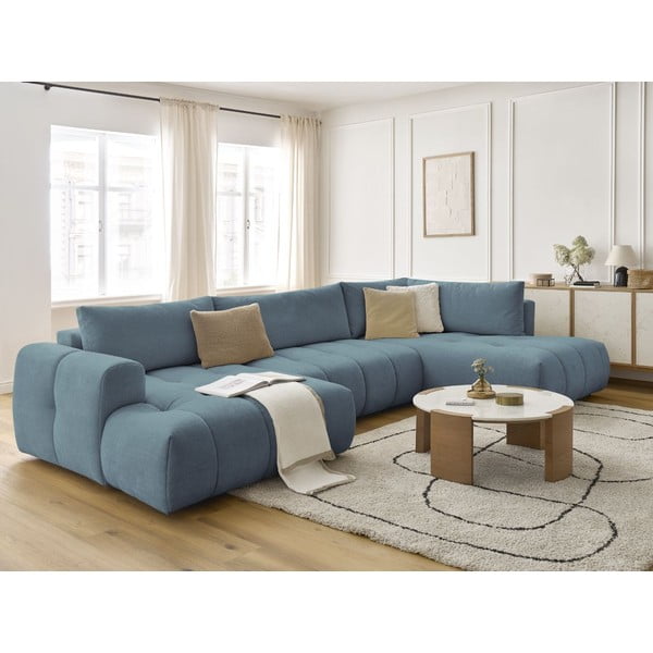 Mėlynos spalvos sulankstoma/su sandėliavimo vieta kampinė sofa (su dešiniuoju kampu/„U“ formos) Fuji – Bobochic Paris-image-1