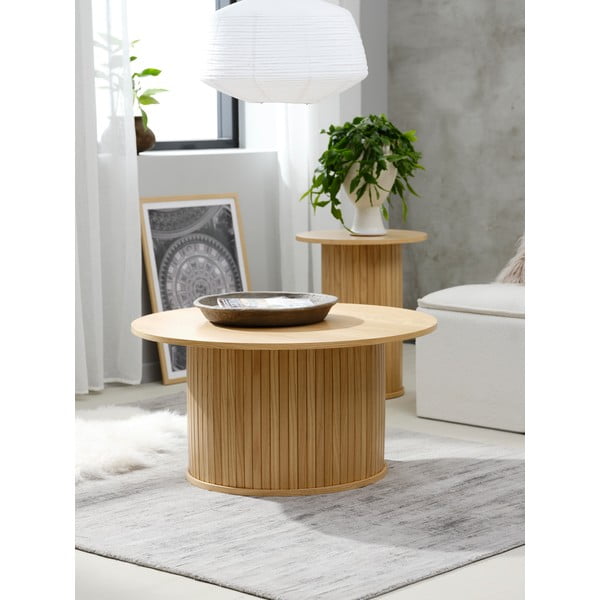 Apvalus natūralios spalvos ąžuolo apdailos kavos staliukas ø 90 cm Nola - Unique Furniture-image-1