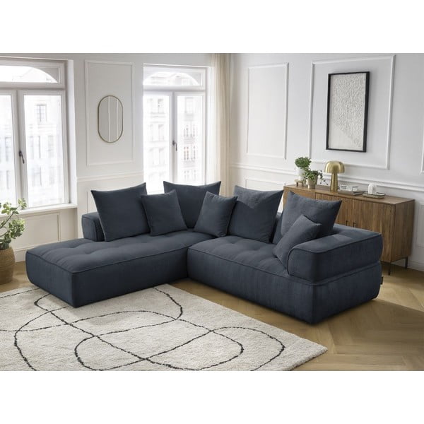 Tamsiai mėlynos spalvos iš šenilinio audinio kampinė sofa (su kairiuoju kampu/„L“ formos) Whesley – Bobochic Paris-image-1