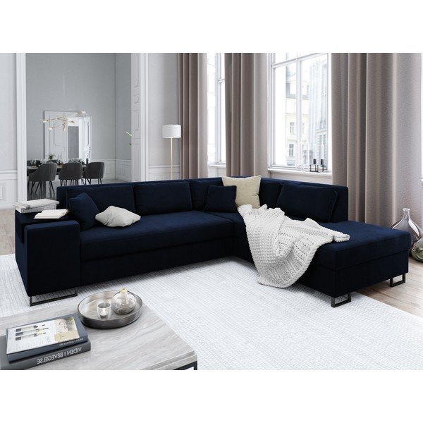 Mėlyna aksominė kampinė sofa-lova Cosmopolitan Design York, kampas dešinėje-image-1