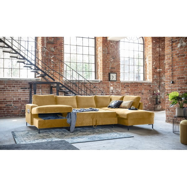 Geltonos spalvos aksominė U formos sofa-lova Miuform Lofty Lilly, dešinysis kampas-image-4