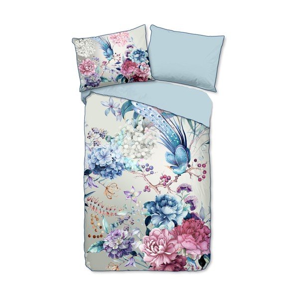 Viengulė patalynė šviesiai mėlynos spalvos/kreminės spalvos iš satino medvilnės 140x200 cm – Descanso