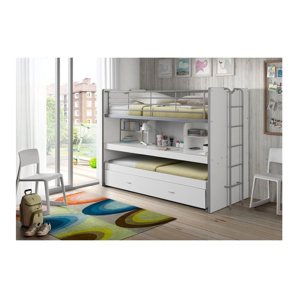 Baltos spalvos dviauktė/ištraukiama vaikiška lova su sandėliavimo vieta su lovos grotelėmis 90x200 cm Bonny – Vipack-image-1