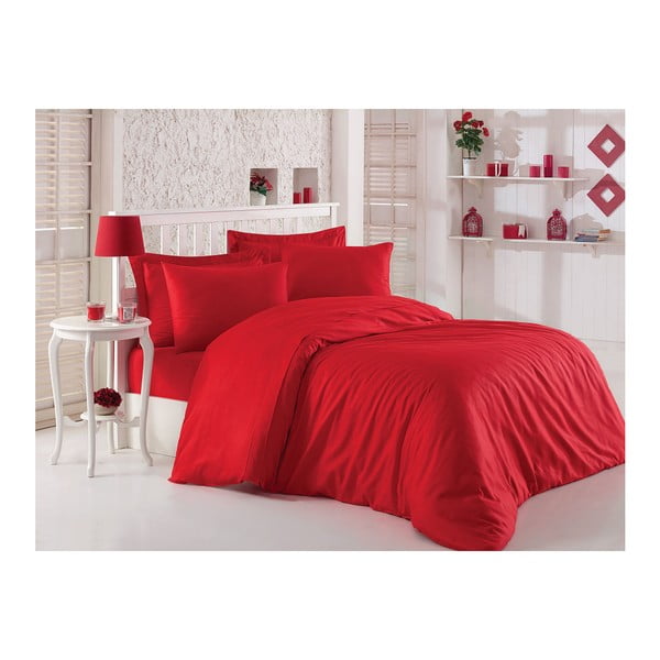 Raudona patalynė su paklode dvivietei lovai iš balzamo satino, 200 x 220 cm