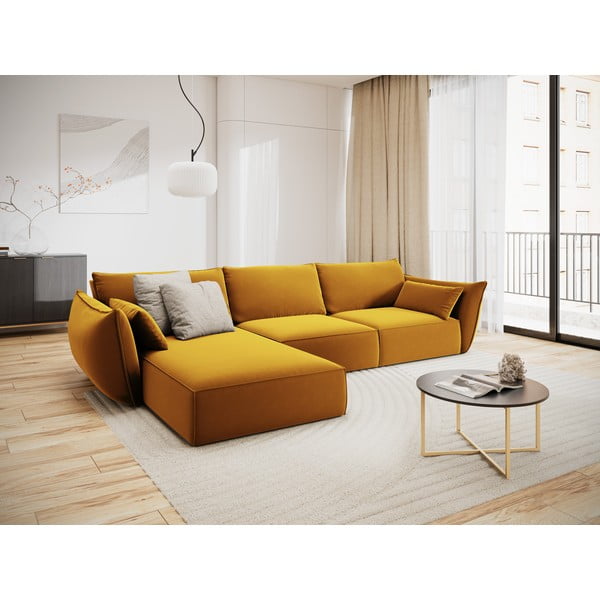 Garstyčių spalvos iš velveto kampinė sofa (su kairiuoju kampu/su gultu) Vanda – Mazzini Sofas-image-1
