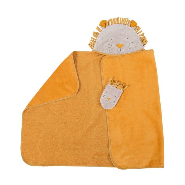 Geltonas medvilninis kūdikių rankšluosčių komplektas su gobtuvu ir skalbikliu 80x114 cm Sous mon Baobab - Moulin Roty