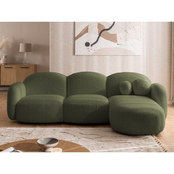 Žalios spalvos kampinė sofa iš boucle (su dešiniuoju kampu/su gultu) Orbit – Ropez-image-1