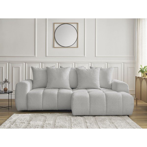 Šviesiai pilkos spalvos sulankstoma/su sandėliavimo vieta kampinė sofa iš boucle (su dešiniuoju kampu/su gultu) Roxelane – Bobochic Paris-image-1
