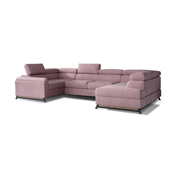 Rožinės spalvos iš velveto sulankstoma/su sandėliavimo vieta kampinė sofa (su dešiniuoju kampu/„U“ formos) Escada – ELTAP