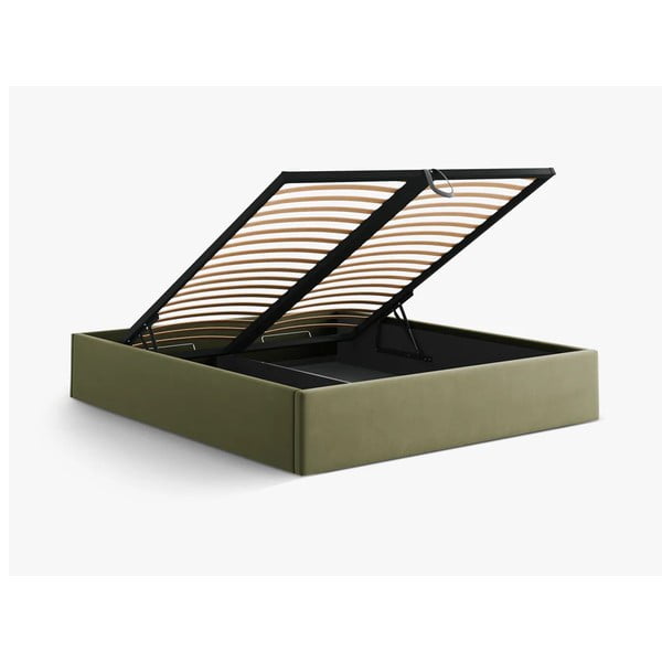 Žalios spalvos dvigulė lova audiniu dengta su sandėliavimo vieta/be galvūgalio su lovos grotelėmis 140x200 cm Susan – Micadoni -image-3