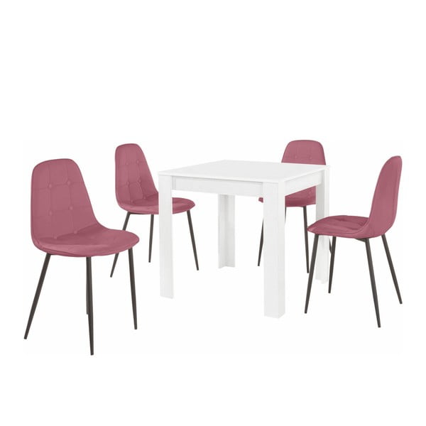 Balto valgomojo stalo ir 4 rausvų valgomojo kėdžių rinkinys "Støraa Lori Lamar Duro
