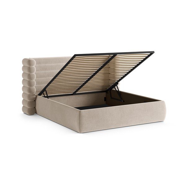 Smėlio spalvos dvigulė lova audiniu dengta su sandėliavimo vieta su lovos grotelėmis 180x200 cm Mount – Micadoni -image-2