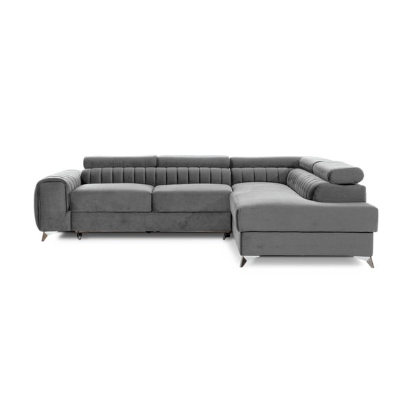 Pilkos spalvos iš velveto sulankstoma/su sandėliavimo vieta kampinė sofa (su dešiniuoju kampu/„L“ formos) Laurence – ELTAP