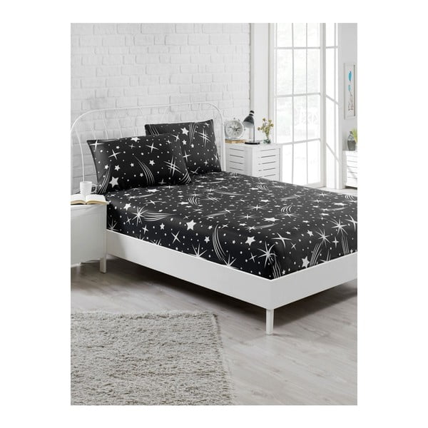 Juodos elastinės paklodės ir 2 užvalkalų rinkinys viengulėlei lovai "Žvaigždėta naktis", 160 x 200 cm