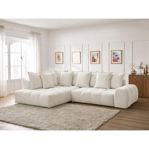 Baltos spalvos iš šenilinio audinio sulankstoma/su sandėliavimo vieta kampinė sofa (su kairiuoju kampu/„L“ formos) Everest – Bobochic Paris-image-1