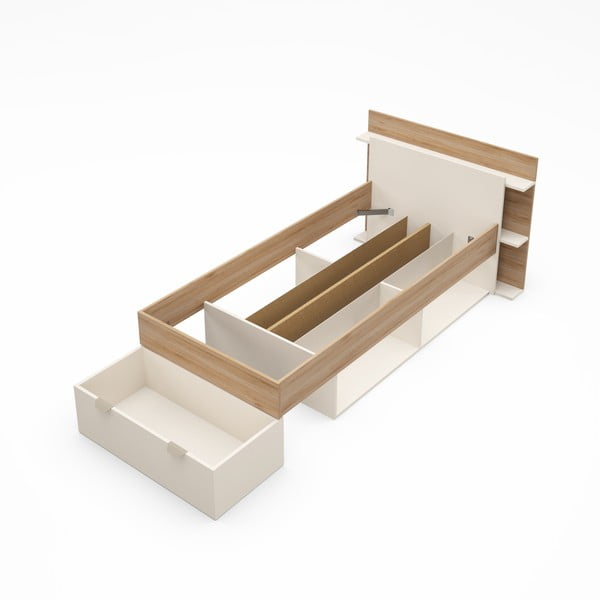 Viengulė lova baltos spalvos/natūralios spalvos iš ąžuolo su sandėliavimo vieta be grotelių 90x200 cm Albo – Marckeric-image-3