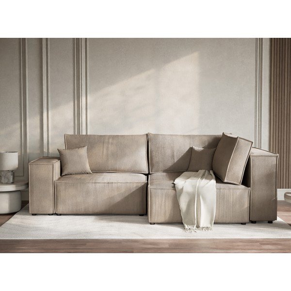 Smėlio spalvos sulankstoma/su sandėliavimo vieta kampinė sofa iš kordinio velveto (su dešiniuoju kampu/„L“ formos) Tonga – Maison de Rêve-image-1