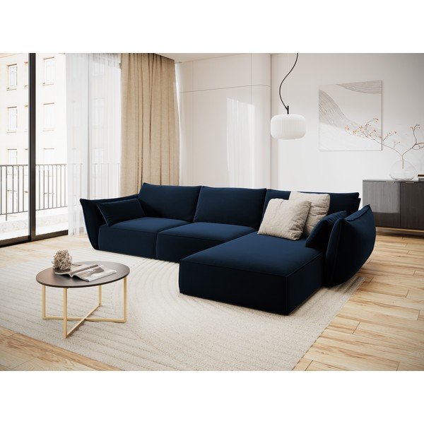 Tamsiai mėlynos spalvos iš velveto kampinė sofa (su dešiniuoju kampu/su gultu) Vanda – Mazzini Sofas-image-1
