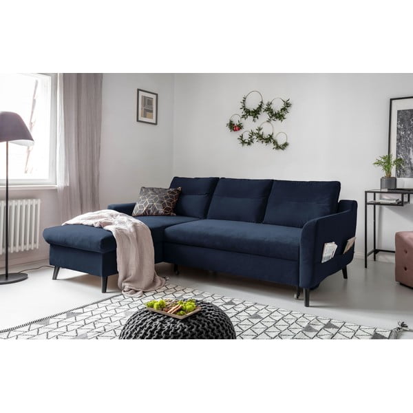 Tamsiai mėlyna velvetinė kampinė sofa-lova Miuform Stylish Stan, kairysis kampas-image-3