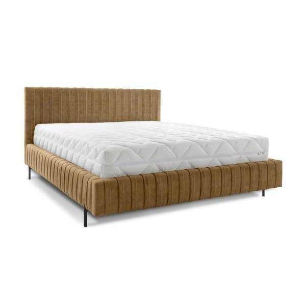 Ochros spalvos dvigulė lova dengta audiniu su sandėliavimo vieta su lovos grotelėmis 160x200 cm Plissa – ELTAP