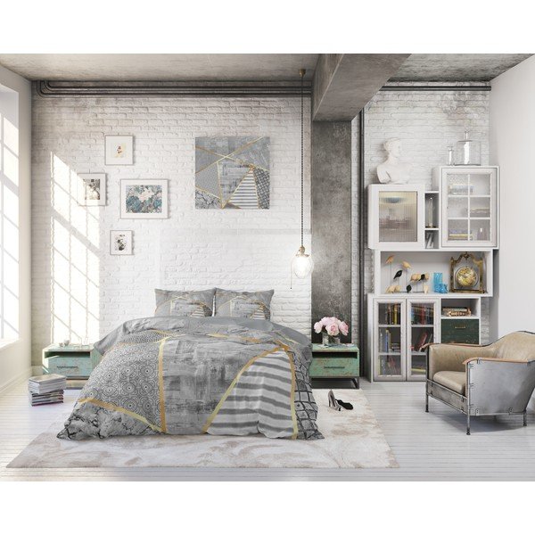 Pilka medvilninė dvigulė patalynė Pure Cotton Graphic, 200 x 200/220 cm-image-4