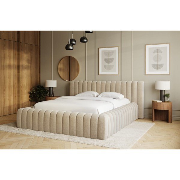 Smėlio spalvos dvigulė lova dengta audiniu su sandėliavimo vieta su lovos grotelėmis 180x200 cm Carilla – ELTAP-image-1