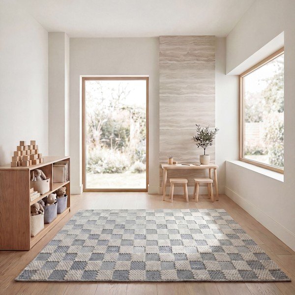 Skalbiamas mėlynos spalvos iš medvilnės mišinio kilimas 155x230 cm Muted Checkerboard – Flair Rugs-image-3