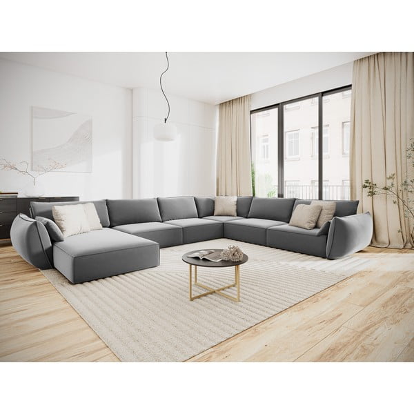 Šviesiai pilkos spalvos iš velveto kampinė sofa (su dešiniuoju kampu/„U“ formos) Vanda – Mazzini Sofas-image-1