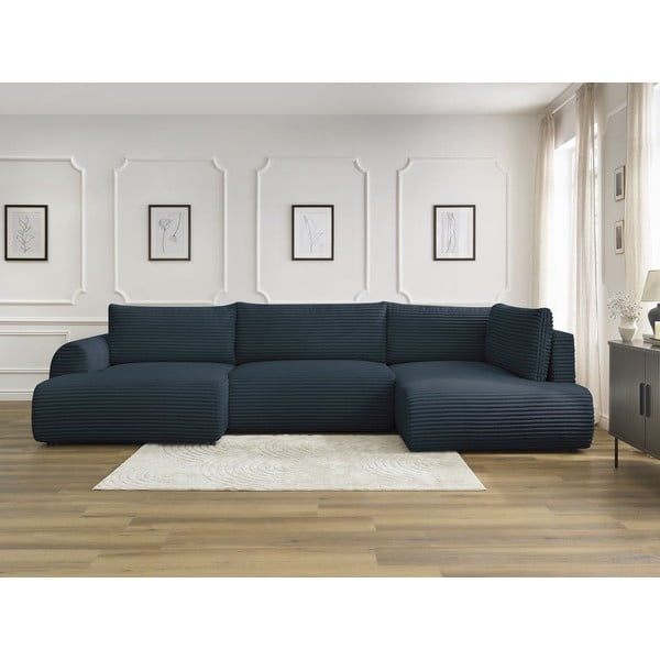 Tamsiai mėlynos spalvos sulankstoma/su sandėliavimo vieta kampinė sofa iš kordinio velveto (su dešiniuoju kampu/„U“ formos) Lucien – Bobochic Paris-image-1