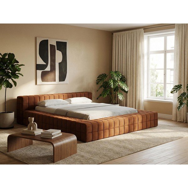 Kreminės spalvos dvigulė lova audiniu dengta su lovos grotelėmis 140x200 cm Akela – Makamii-image-1