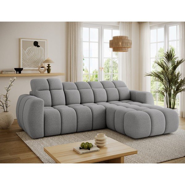 Pilkos spalvos kampinė sofa iš boucle (su dešiniuoju kampu/su gultu) Fanito – ELTAP-image-1