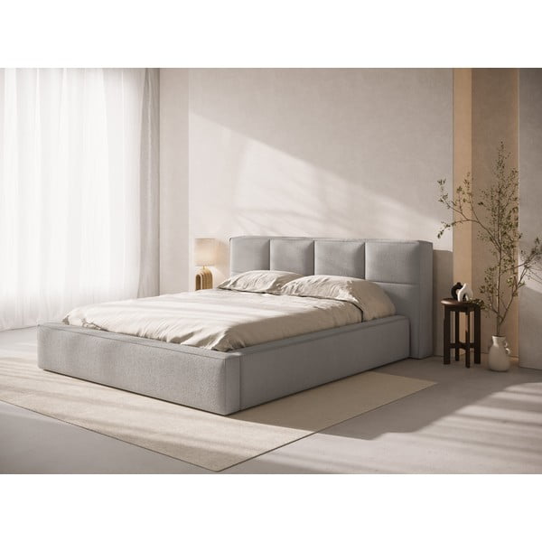 Šviesiai pilkos spalvos dvigulė lova audiniu dengta su sandėliavimo vieta su lovos grotelėmis 180x200 cm Simon – Micadoni -image-1