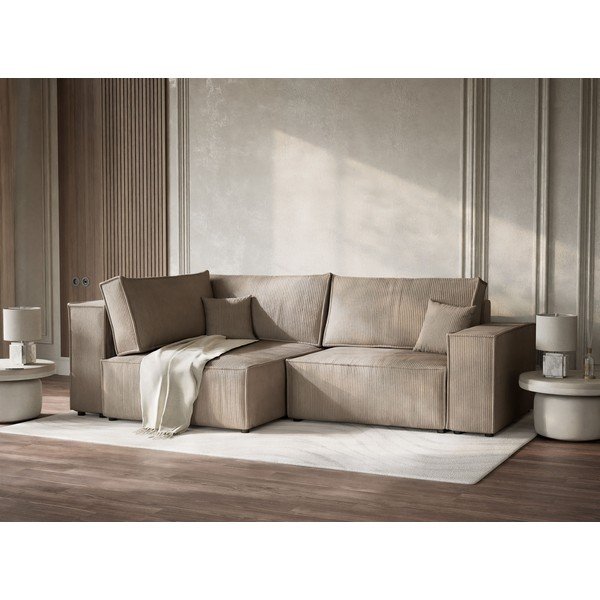 Smėlio spalvos sulankstoma/su sandėliavimo vieta kampinė sofa iš kordinio velveto (su kairiuoju kampu/„L“ formos) Tonga – Maison de Rêve-image-4