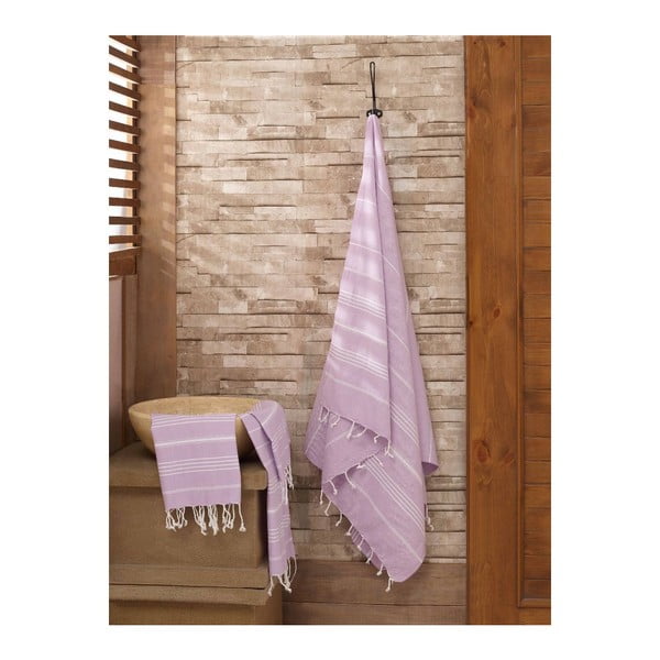 Violetinių rankšluosčių rinkinys Hammam ir vonios rankšluosčių rinkinys iš 100 % medvilnės Sultan