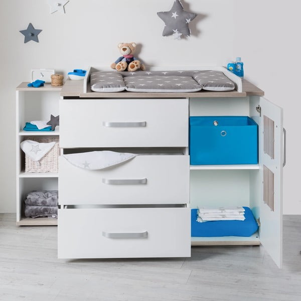 Žema su vystymo stalu vaikiška šoninė spintelė baltos spalvos iš guobos 117x102 cm Moritz – Roba-image-4